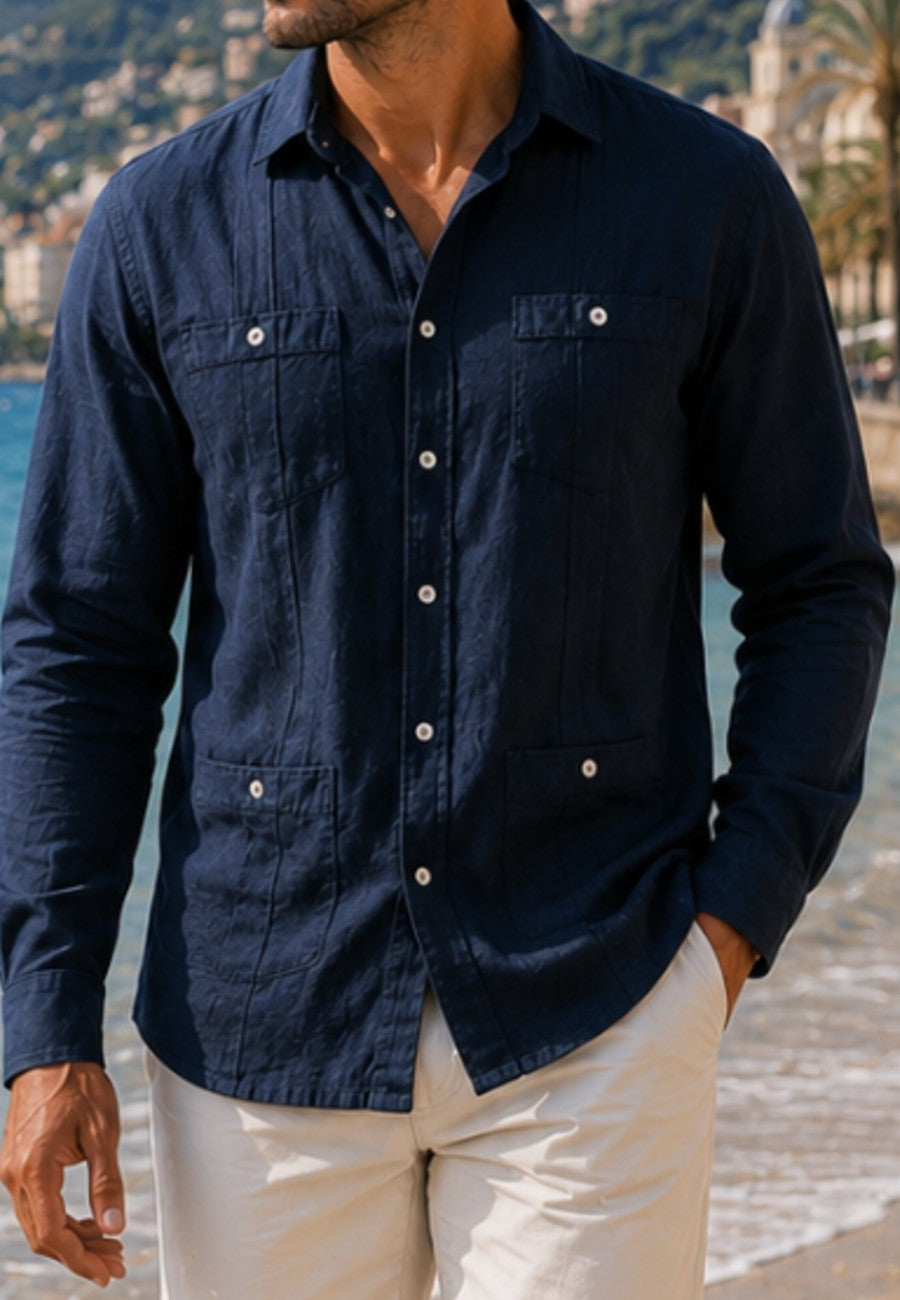 Camisa guayabera de sastrería en lino color azul marino - hasta la talla 4XL