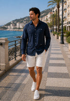 Camisa guayabera de sastrería en lino color azul marino - hasta la talla 4XL