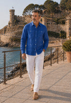 Camisa guayabera de sastrería en lino azul tinta- hasta la talla 4XL