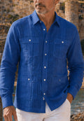 Camisa guayabera de sastrería en lino azul tinta- hasta la talla 4XL