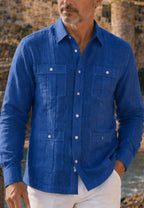 Camisa guayabera de sastrería en lino azul tinta- hasta la talla 4XL