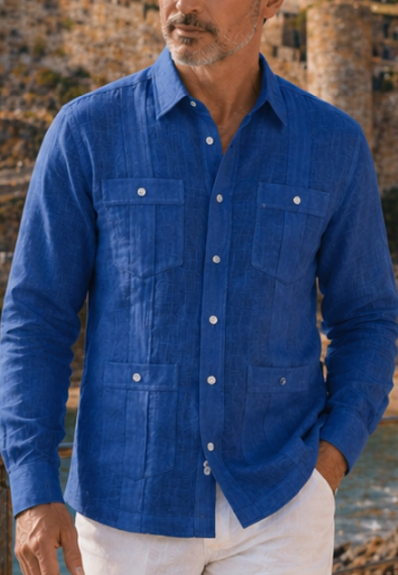 Camisa guayabera de sastrería en lino azul tinta- hasta la talla 4XL