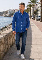 Camisa guayabera de sastrería en lino azul tinta- hasta la talla 4XL