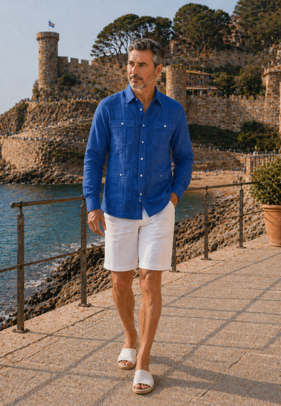Camisa guayabera de sastrería en lino azul tinta- hasta la talla 4XL