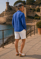 Camisa guayabera de sastrería en lino azul tinta- hasta la talla 4XL