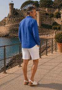Camisa guayabera de sastrería en lino azul tinta- hasta la talla 4XL