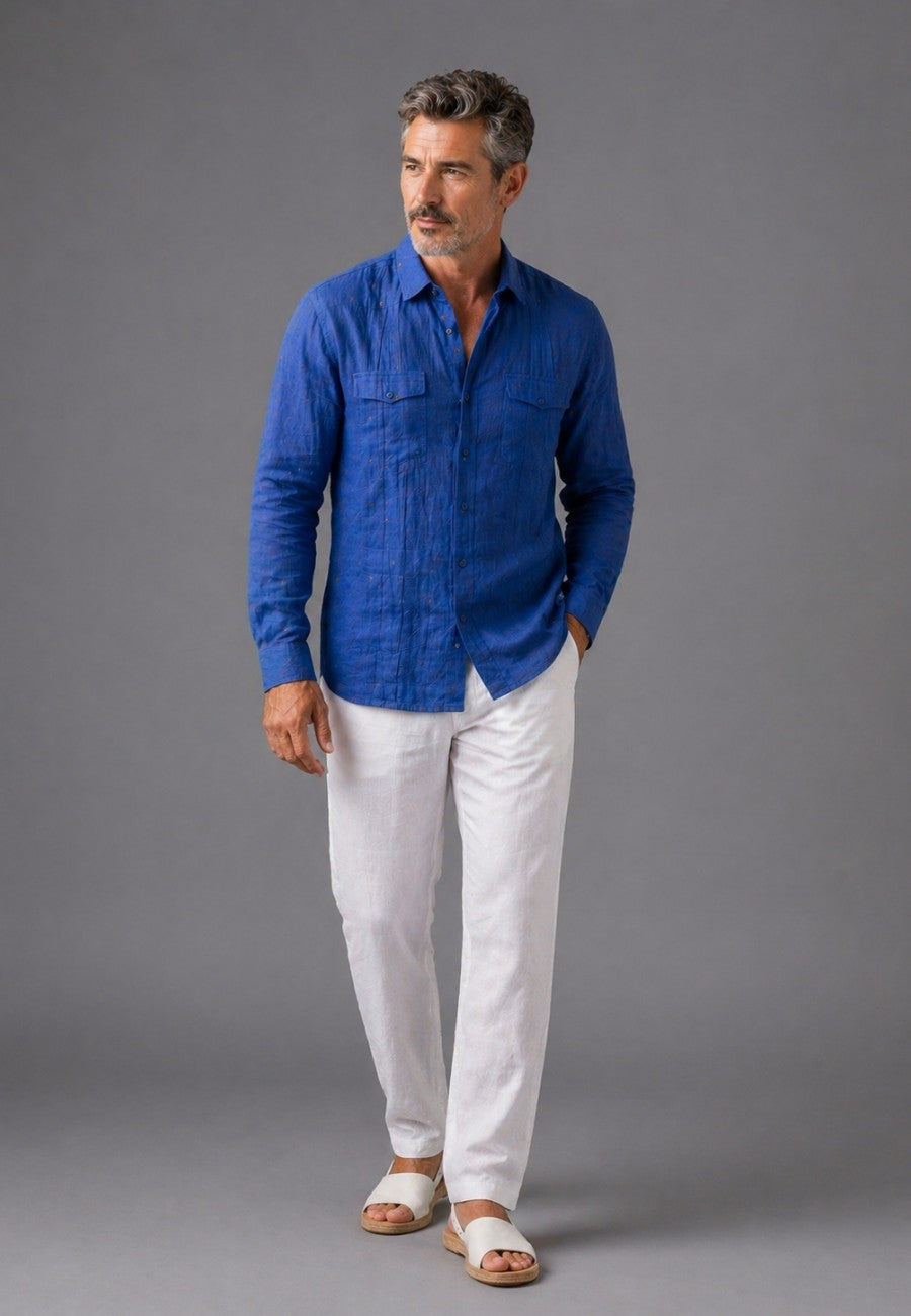 Camisa guayabera de sastrería en lino azul tinta- hasta la talla 4XL