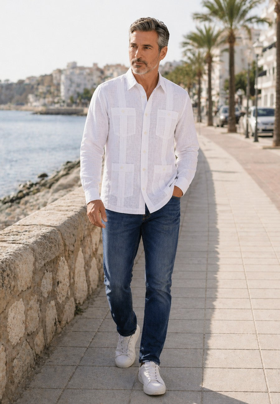 Camisa guayabera de sastrería en lino blanco - hasta la talla 4XL