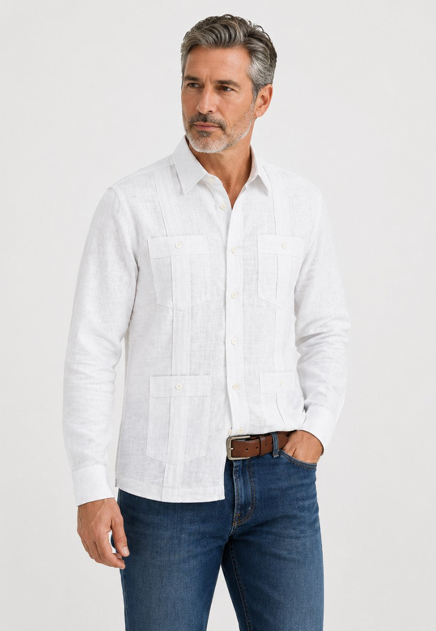 Camisa guayabera de sastrería en lino blanco - hasta la talla 4XL