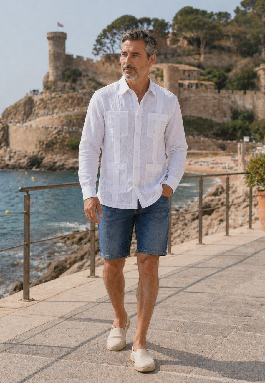 Camisa guayabera de sastrería en lino blanco - hasta la talla 4XL