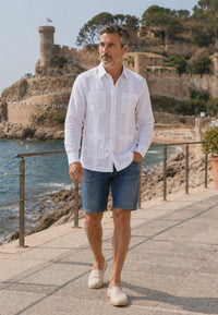 Camisa guayabera de sastrería en lino blanco - hasta la talla 4XL