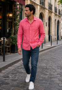 Camisa guayabera de sastrería en lino color sandia - tallas hasta la 6XL