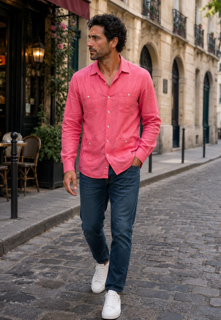 Camisa guayabera de sastrería en lino color sandia - tallas hasta la 6XL