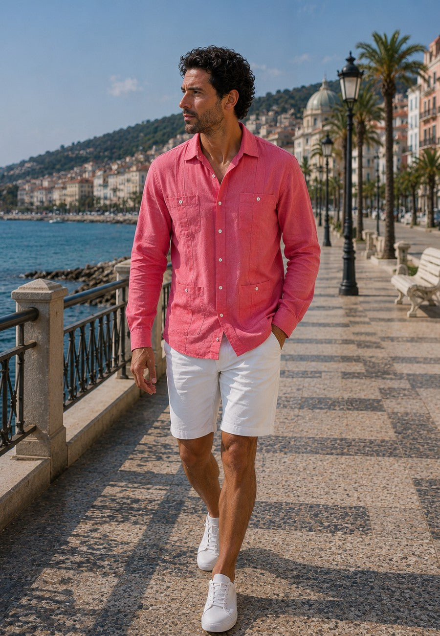 Camisa guayabera de sastrería en lino color sandia - tallas hasta la 6XL
