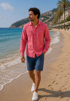 Camisa guayabera de sastrería en lino color sandia - tallas hasta la 6XL