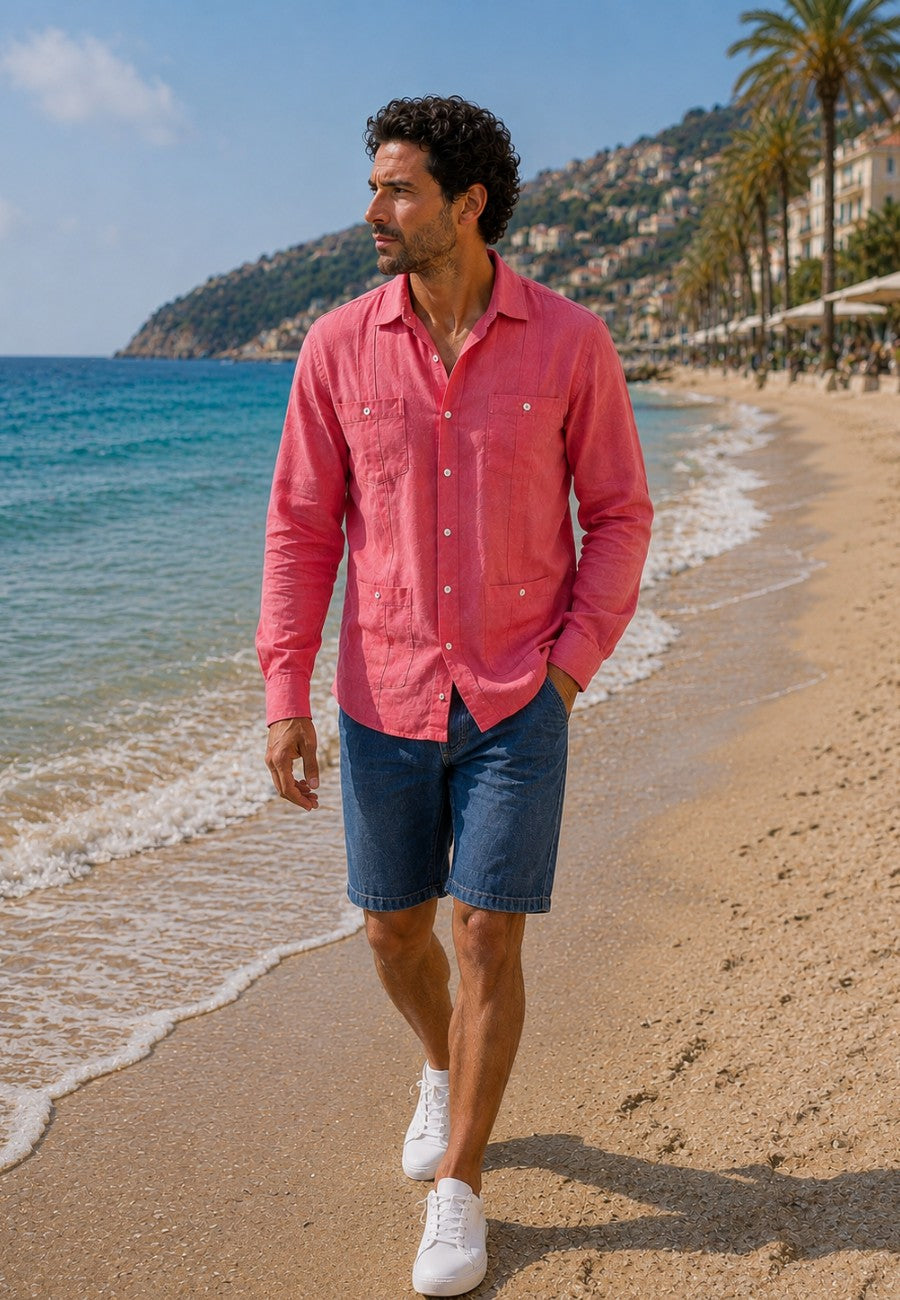 Camisa guayabera de sastrería en lino color sandia - tallas hasta la 6XL