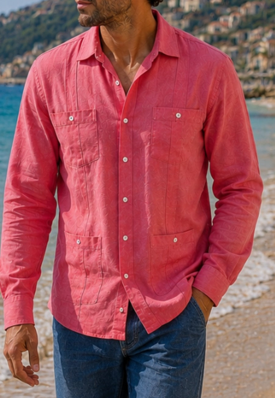 Camisa guayabera de sastrería en lino color sandia - tallas hasta la 6XL