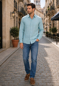 Camisa guayabera de sastrería en lino color gris azulado - hasta la talla 4XL