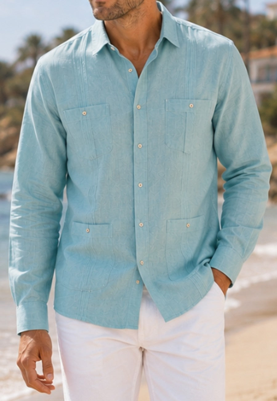 Camisa guayabera de sastrería en lino color gris azulado - hasta la talla 4XL