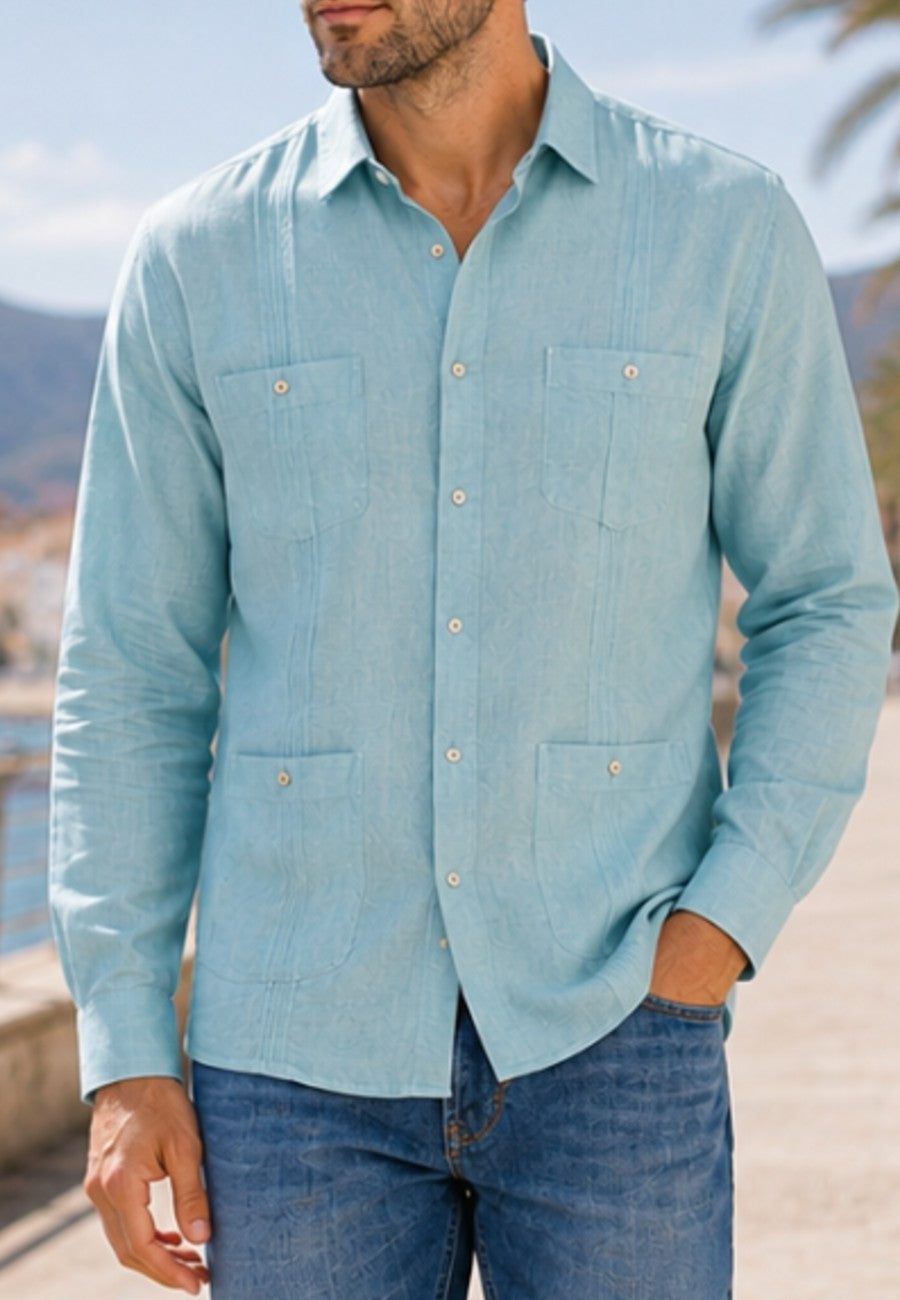 Camisa guayabera de sastrería en lino color gris azulado - hasta la talla 4XL