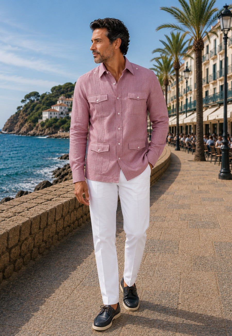 Camisa guayabera de sastrería en lino color maquillaje - hasta la talla 6XL