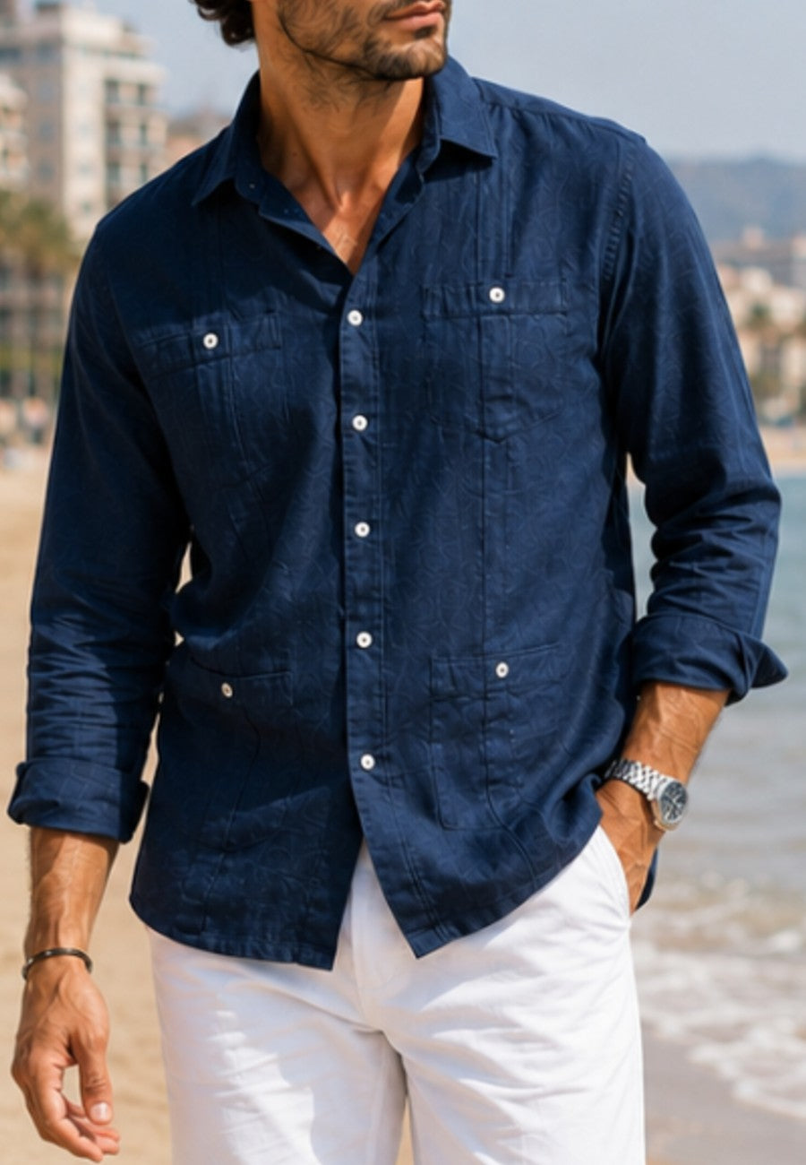 Camisa guayabera de sastrería en lino color marino claro - hasta la talla 4XL