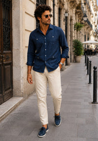 Camisa guayabera de sastrería en lino color marino claro - hasta la talla 4XL