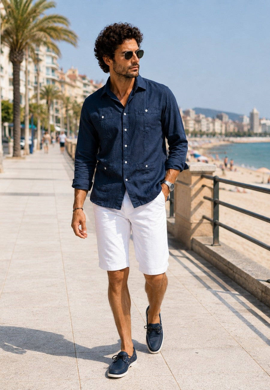 Camisa guayabera de sastrería en lino color marino claro - hasta la talla 4XL