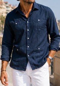 Camisa guayabera de sastrería en lino color marino claro - hasta la talla 4XL