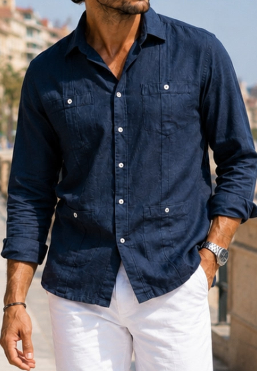 Camisa guayabera de sastrería en lino color marino claro - hasta la talla 4XL