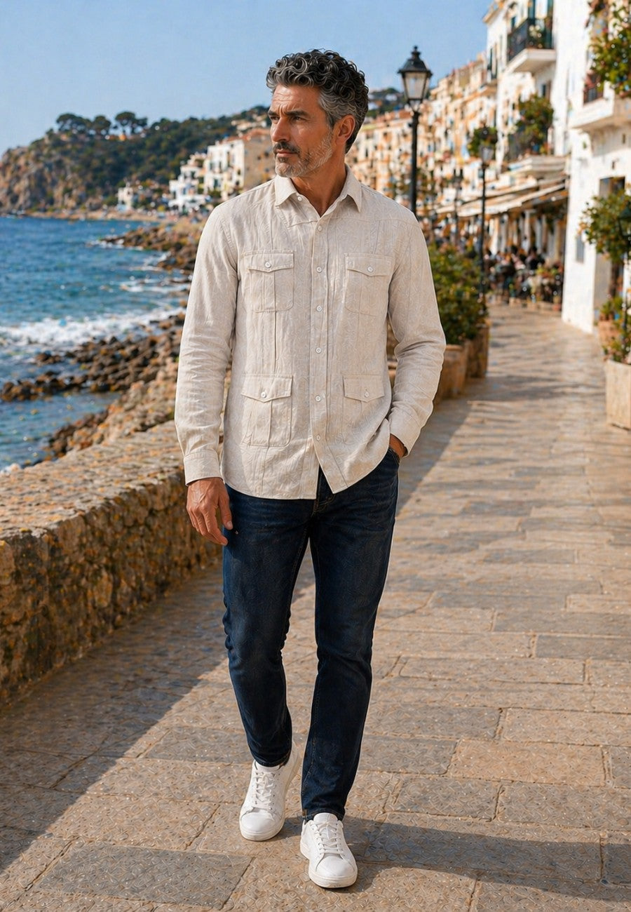 Camisa guayabera de sastrería en lino color pasto - hasta la talla 6XL