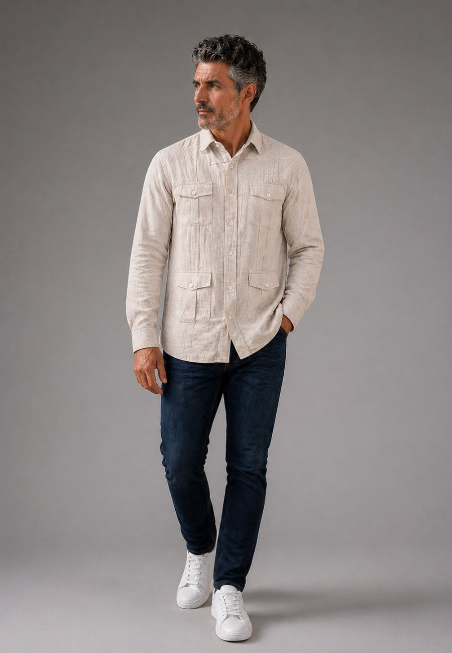 Camisa guayabera de sastrería en lino color pasto - hasta la talla 6XL