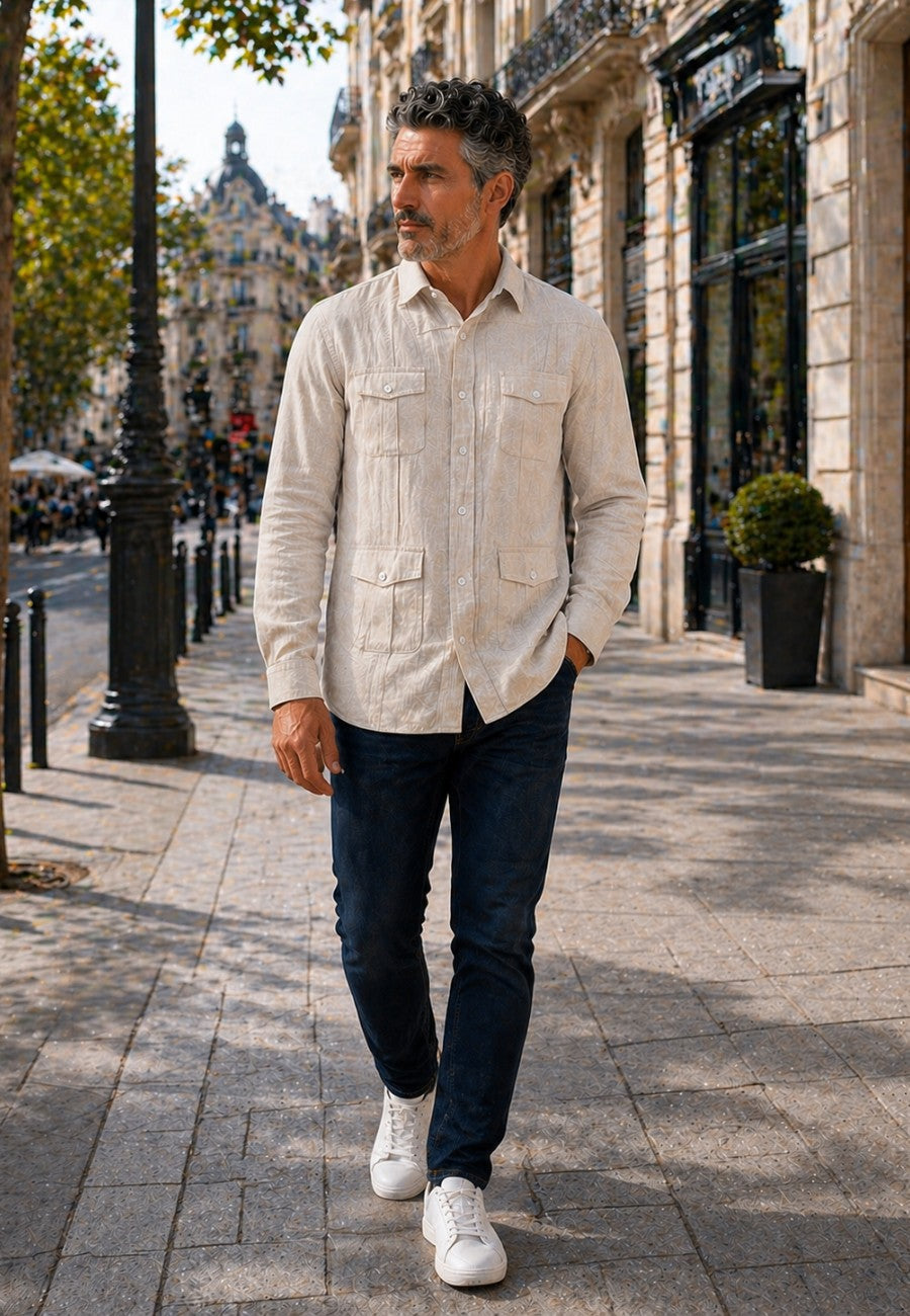 Camisa guayabera de sastrería en lino color pasto - hasta la talla 6XL