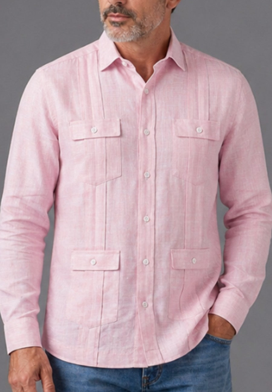 Camisa guayabera de sastrería en lino rosa - hasta la talla 4XL