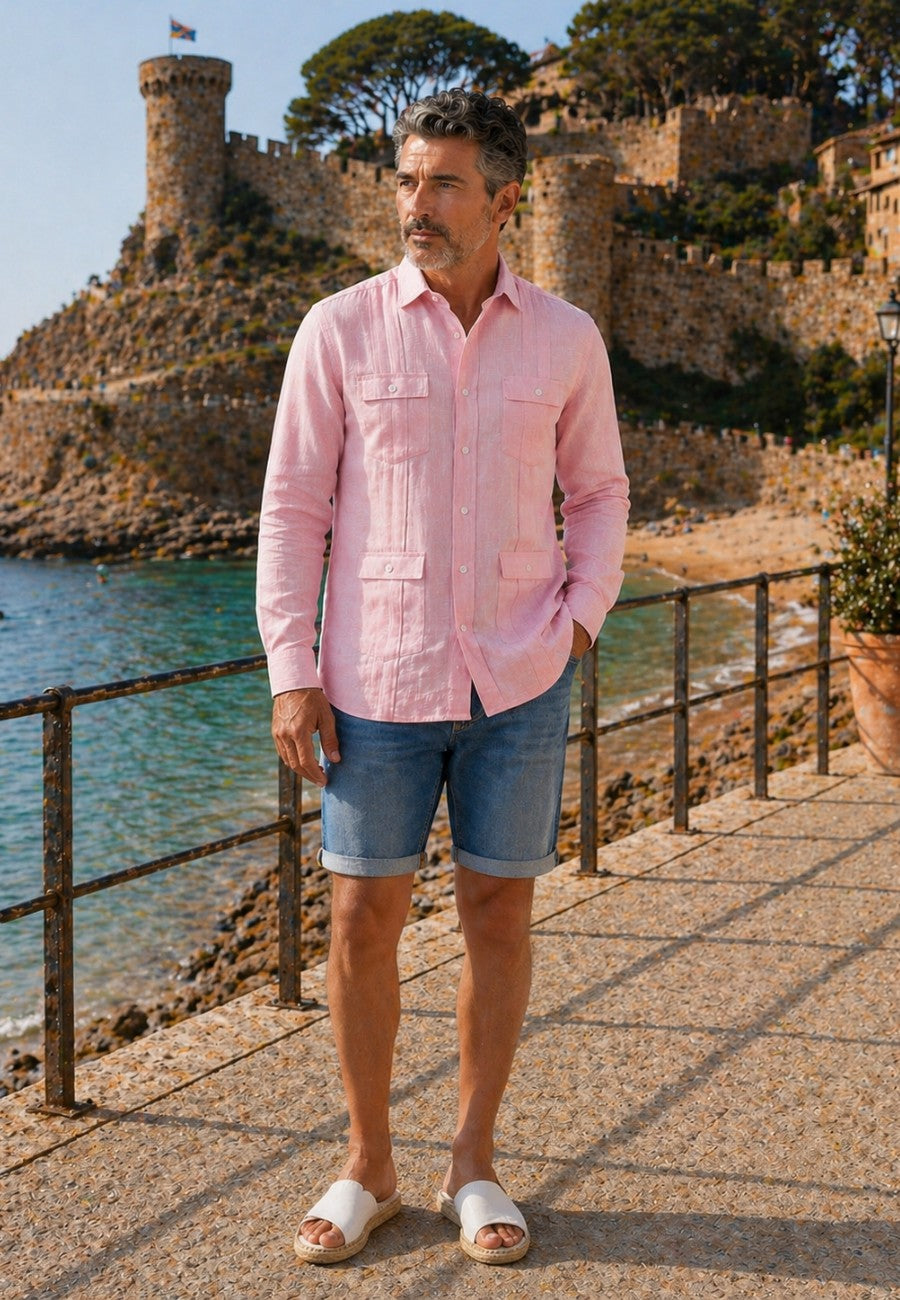 Camisa guayabera de sastrería en lino rosa - hasta la talla 4XL