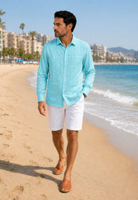 Camisa guayabera de sastrería en lino color turquesa - hasta la talla 4XL
