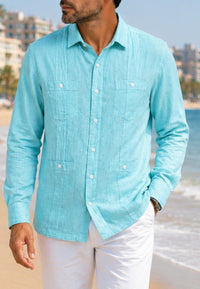 Camisa guayabera de sastrería en lino color turquesa - hasta la talla 4XL