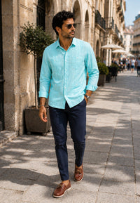 Camisa guayabera de sastrería en lino color turquesa - hasta la talla 4XL