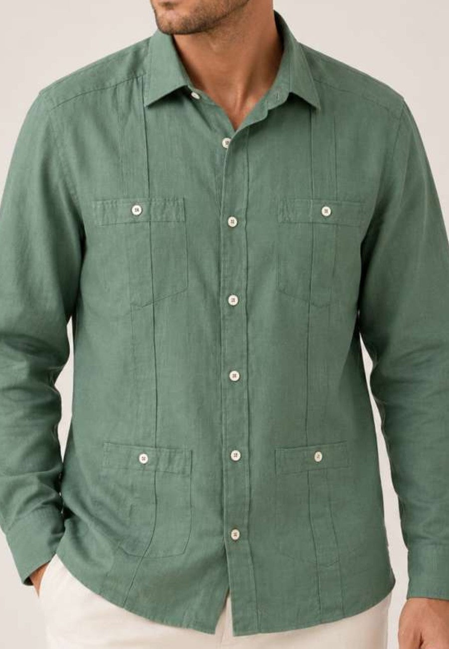 Camisa guayabera de sastrería en lino color verde - hasta la talla 6XL