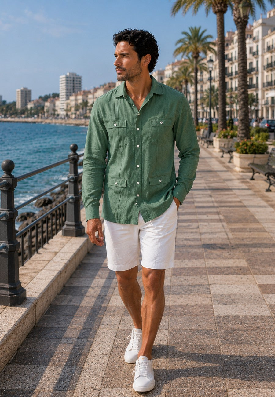 Camisa guayabera de sastrería en lino color verde - hasta la talla 6XL