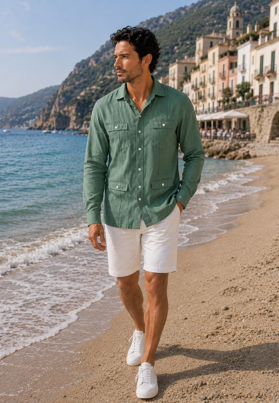 Camisa guayabera de sastrería en lino color verde - hasta la talla 6XL