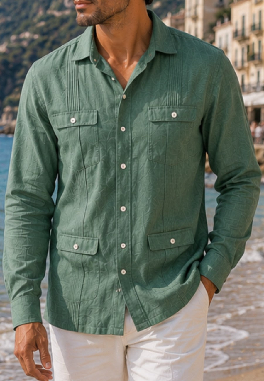 Camisa guayabera de sastrería en lino color verde - hasta la talla 6XL