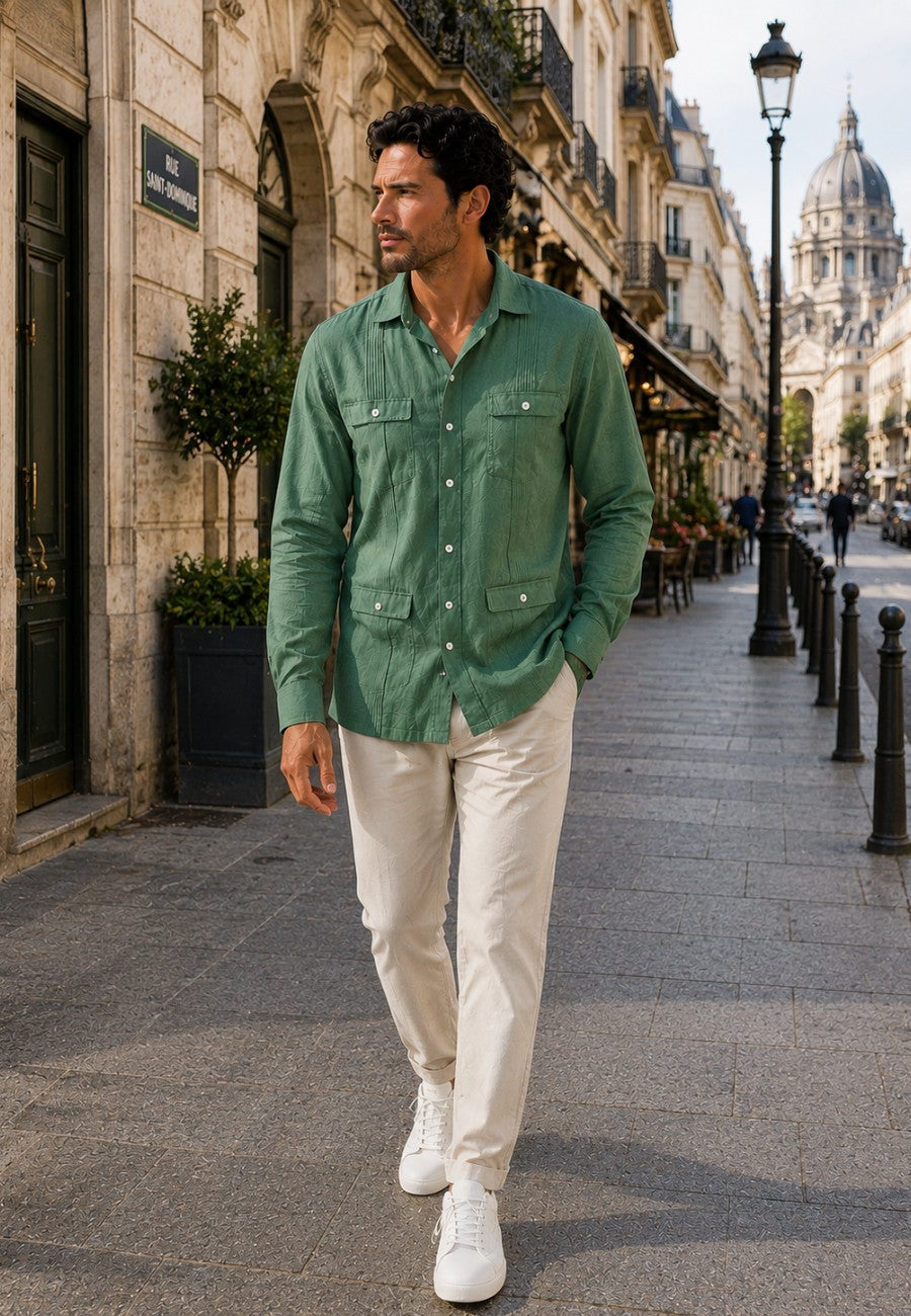 Camisa guayabera de sastrería en lino color verde - hasta la talla 6XL