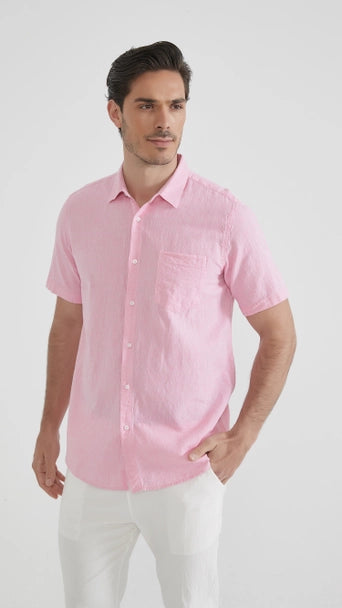 Camisa manga corta color Rosa de lino 100x100 para hombre