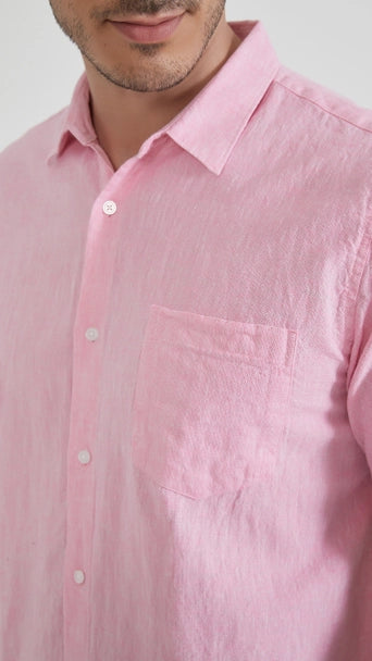 Camisa manga corta color Rosa de lino 100x100 para hombre