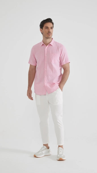 Camisa manga corta color Rosa de lino 100x100 para hombre