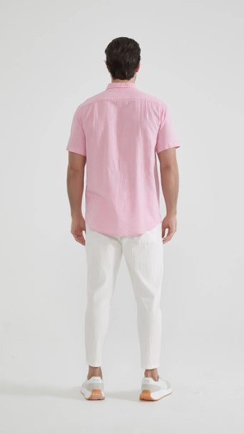 Camisa manga corta color Rosa de lino 100x100 para hombre