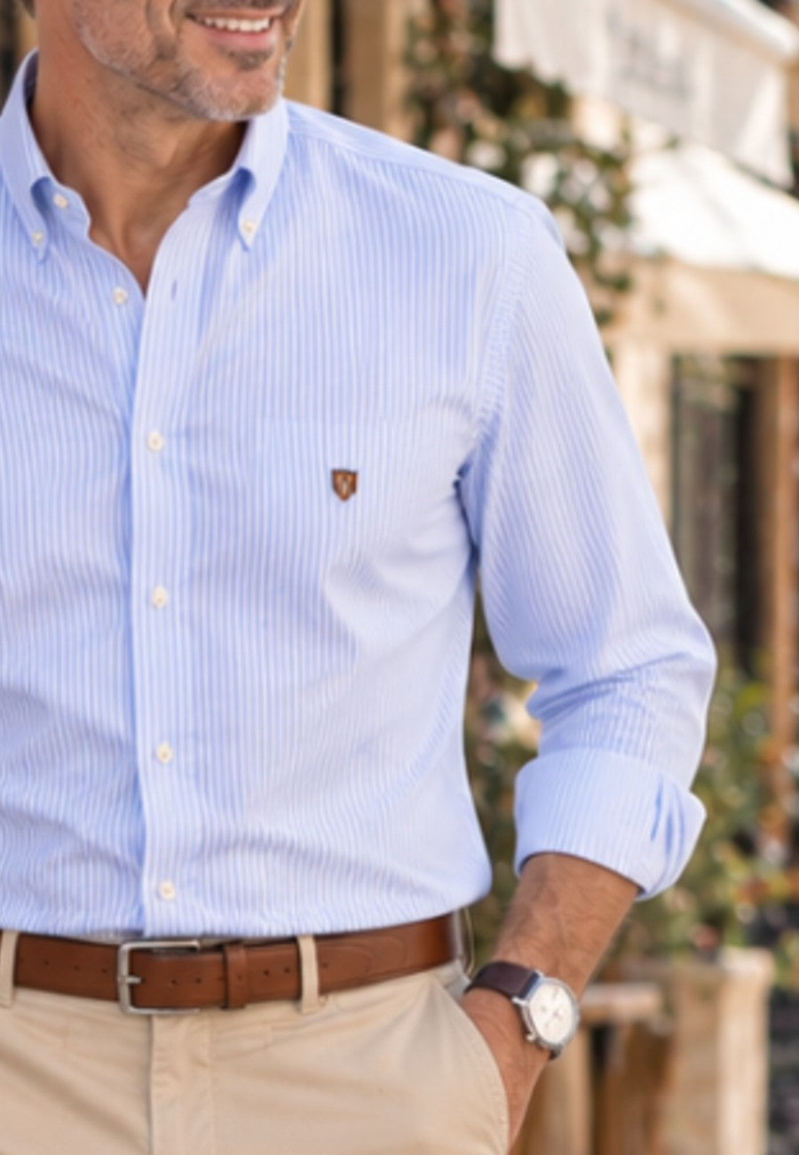 Camisa oxford de sastrería hecha a mano celeste a rayas - Tallas S a 4XL