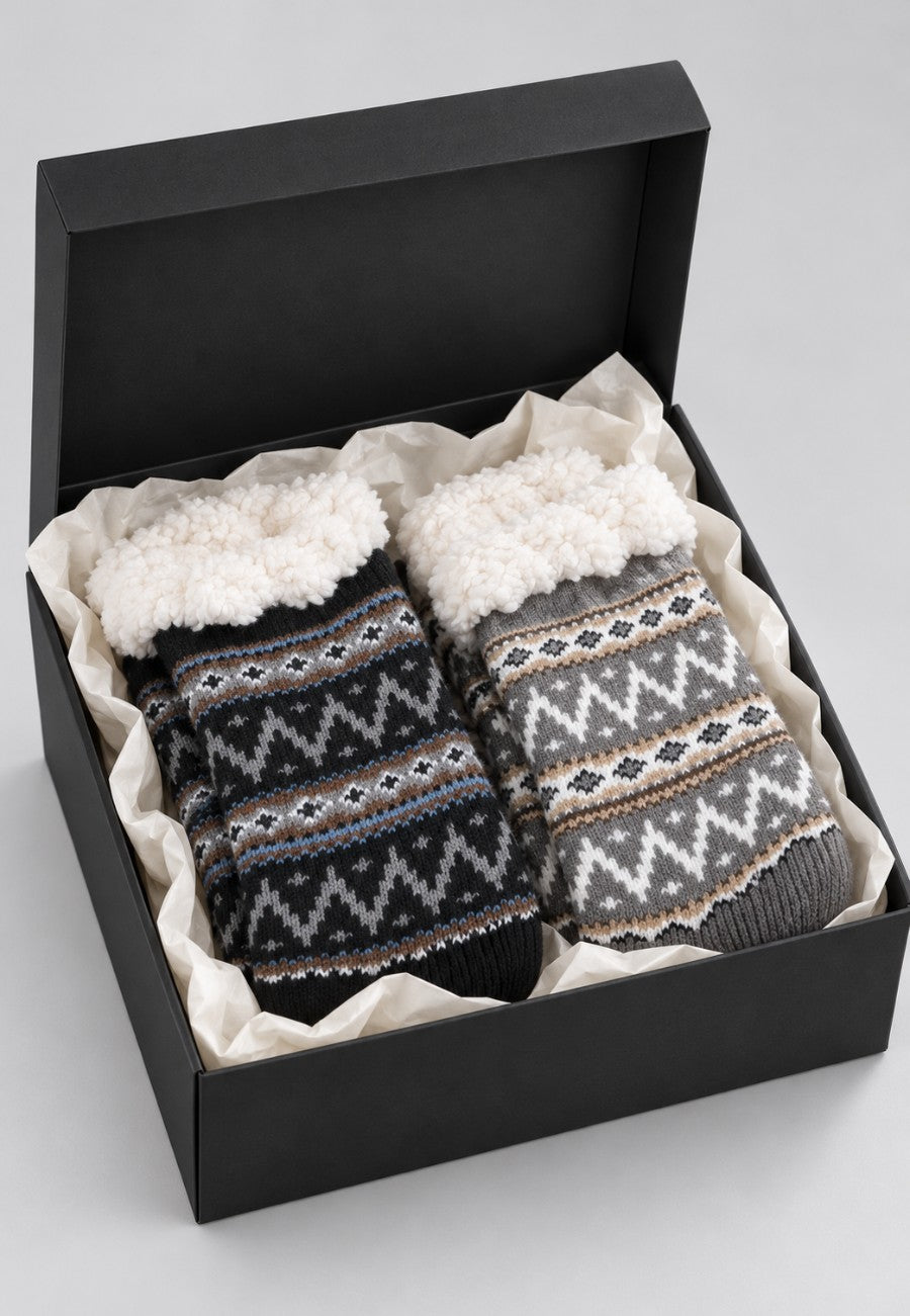 Pack regalo de 2 pares de calcetines de estar por casa en caja de regalo, Gris y Negro