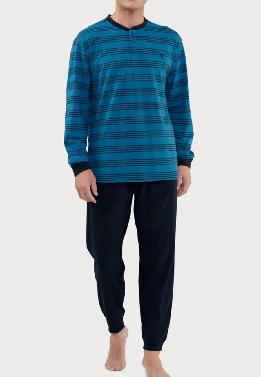 Pijama de hombre de algodón y punto rayas azul (tallas de la L a la 5XL)